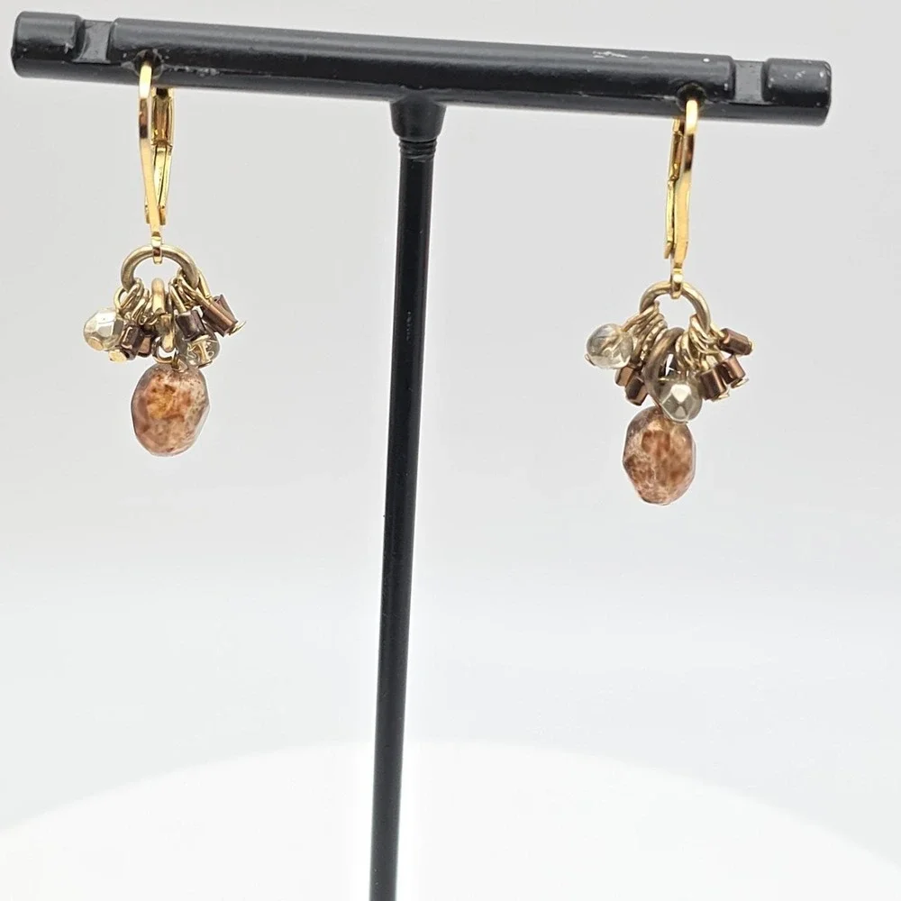 ANN TAYLOR LOFT‎ Earrings Dangle Crystal Stone Metal Beads Gold Plate Leverback